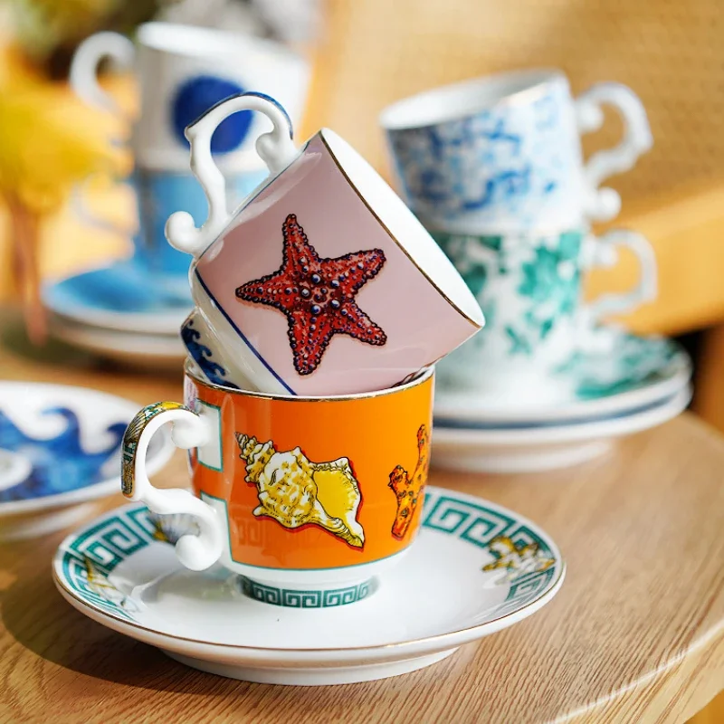 

New European Retro Luxury Ceramic Coffee Cup Dish Tea Set Gift Box Flower Tea Cup Home Espresso Cup Set Gift for Friends Kitchen