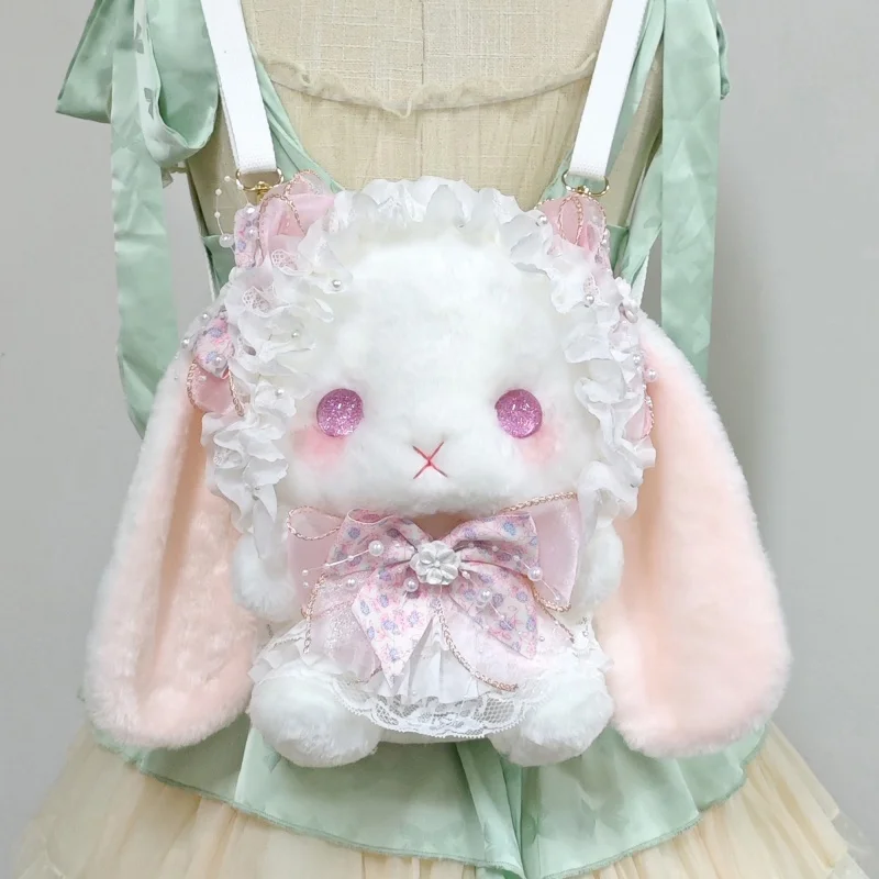 

Новинка 2025 года, большая вместимость, высокая красота, Instagram, оригинальная девушка, Лолита, подвесные уши кролика, 28 см, сумка с кроликом, милый рюкзак