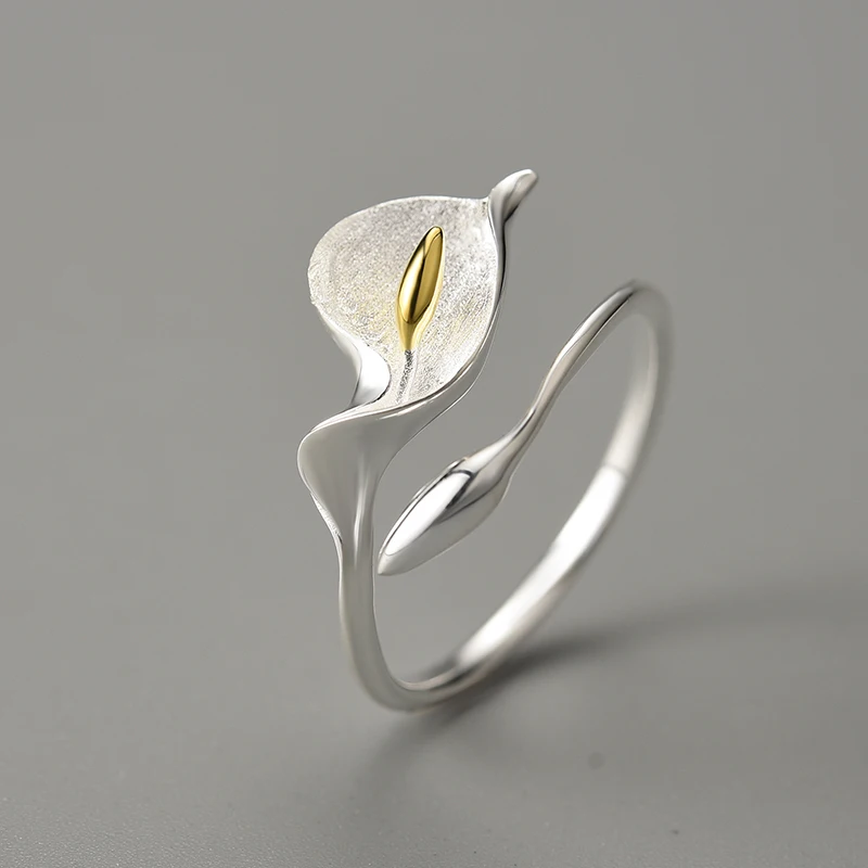 Lotus Fun Moment Real 925 Sterling Silver New Calla Lily Flower Adjustable Rings for Women Party Dating High Quality Jewelry