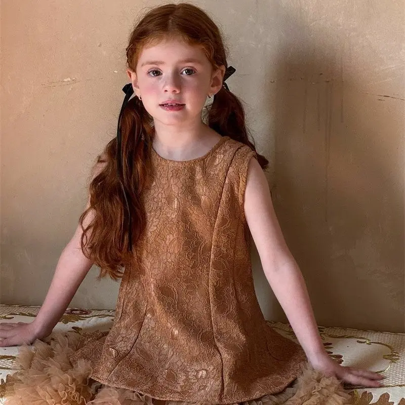Lace Puff Dress Kids Slip Dress 2026 Spring and Summer New Solid Color Fashion Style Sleeveless Clothes Girls
