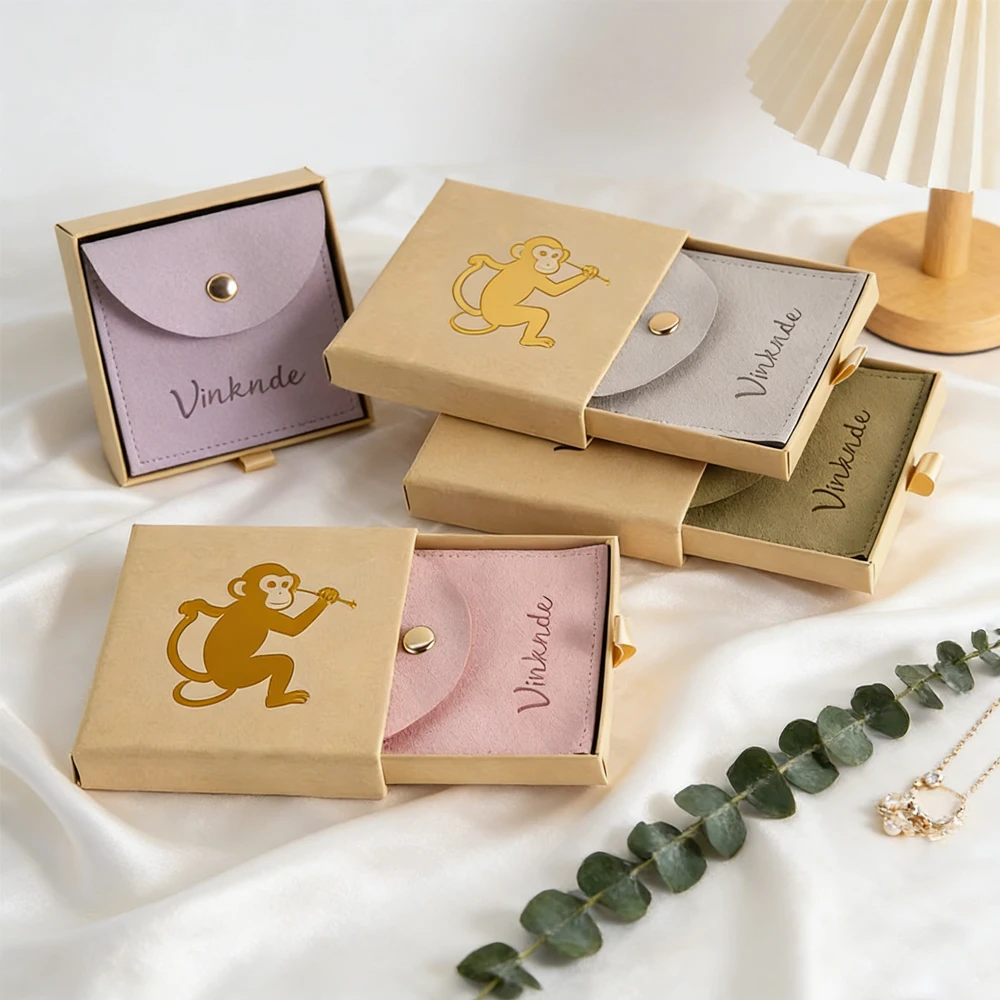 

24Pcs/Lot Kraft Paper Drawer Boxes Jewelry Packaging Box With Microfiber Snap Gift Bag Pouch For Ring Earrings Necklace Bracelet