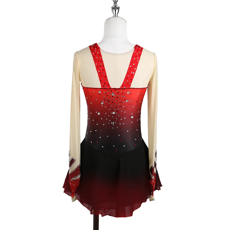 Zagitova Figure Skating Dress Women Girls Ice Skating Skirt Performance Competition Black Red Gradient Mesh Skirt