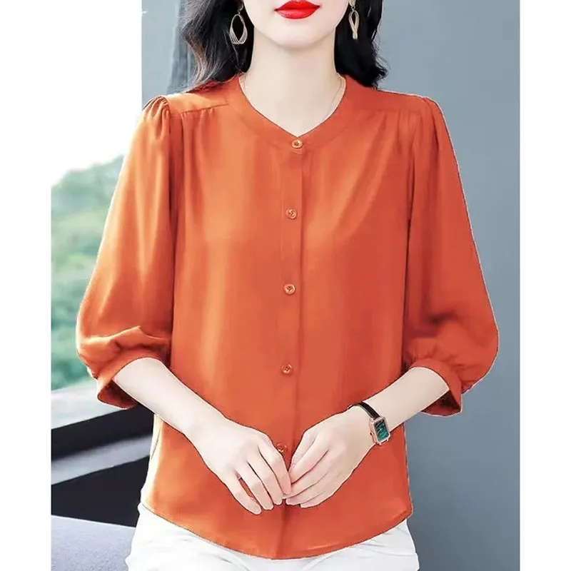 Summer Female Large Size 4XL Shirts Ladies High-end Round Neck Middle Sleeve T-shirt Korean Women Fashion Solid Color Thin Tops