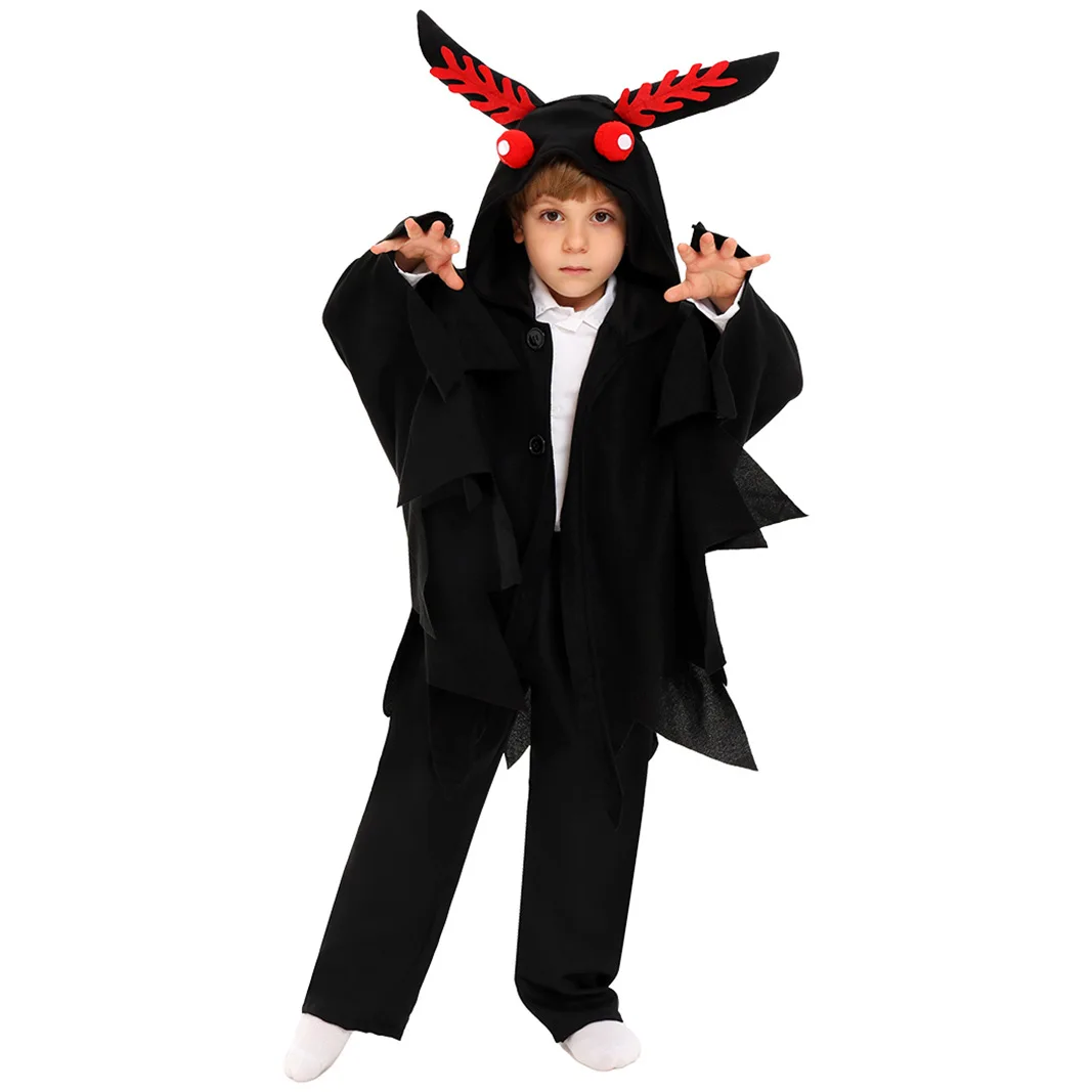 Unisex Black Mothman Costume Cosplay Hooded Christmas Costumes Party Cloak Horrible Moth Cape Halloween Party Outfits for Kids