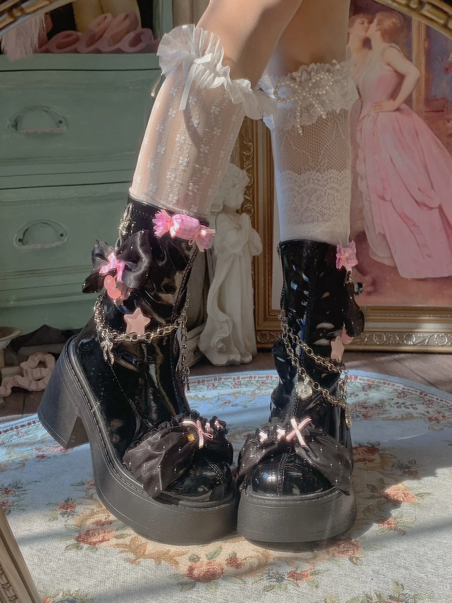 ピンキョーオリジナルボウラブチェーンブラックピンクショートブーツスイートスパイシートレンドクールカラーコントラストYk2厚底ハイヒールブーツ