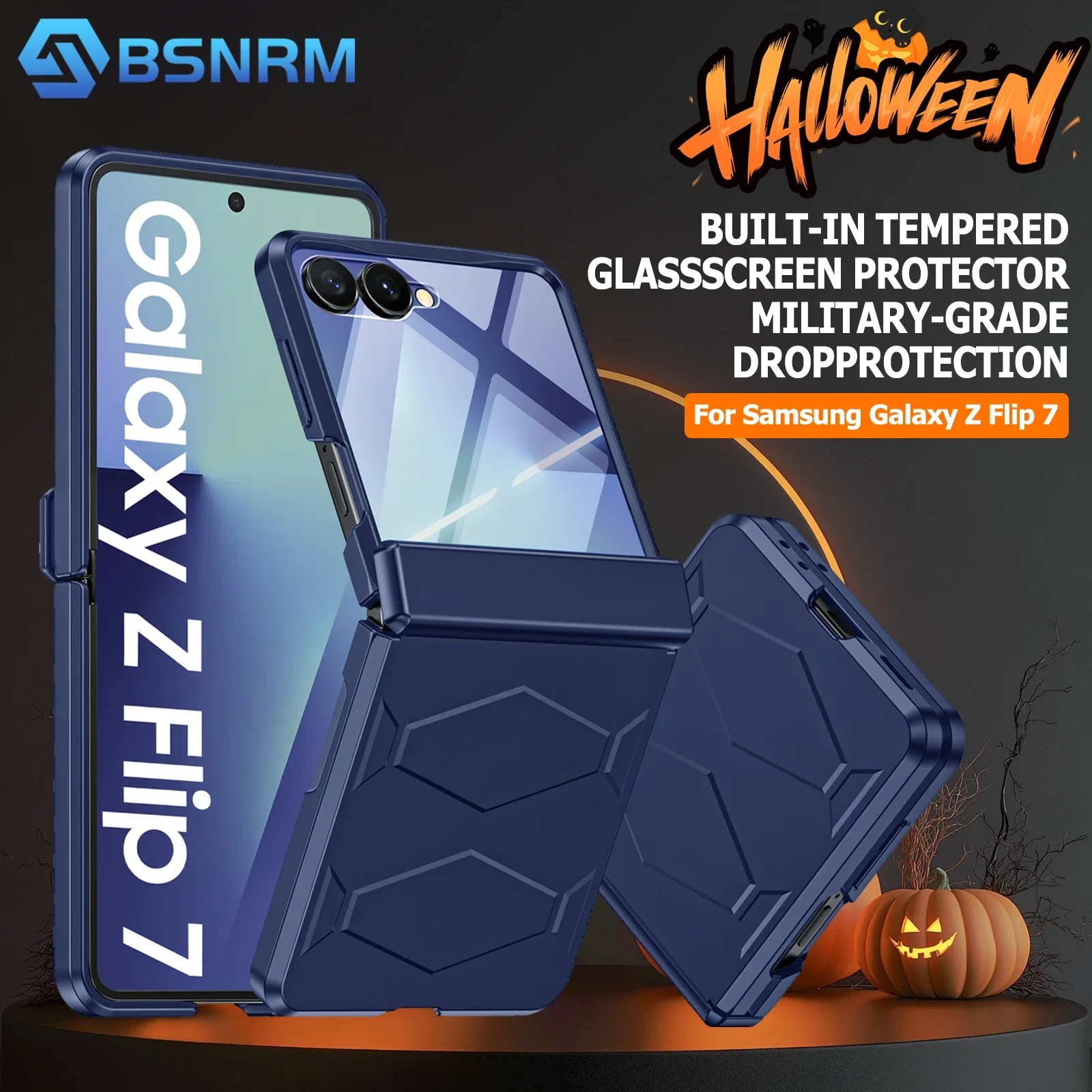 

Подарки на Хэллоуин для Galaxy Z Flip 7, противоударный чехол, нескользящая текстура, закаленная защита шарниров, чехол для телефона с беспроводной зарядкой - синий