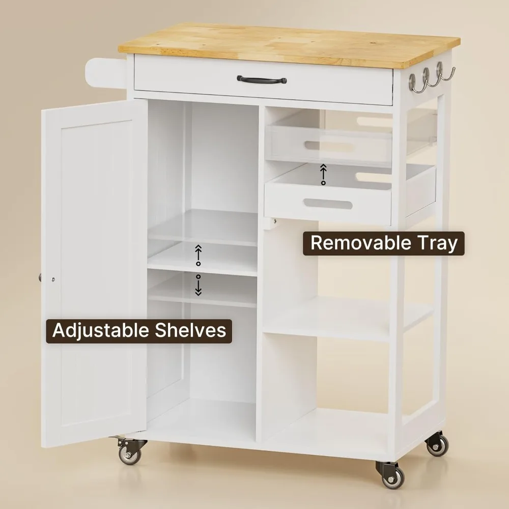 

Kitchen Island Cart with Removable Tray, 27.6''W Rolling Utility Trolley Cart with Drawer, Cabinet, Towel Rack, Hooks and 3 Ope