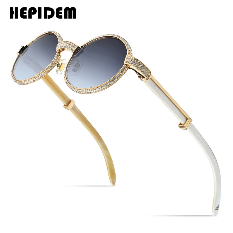 HEPIDEM High Quality Men Round Buffs Sunglasses Luxury Diamond Sumptuous Sun Glasses for Women Buffalo Horn Glasses 7550179