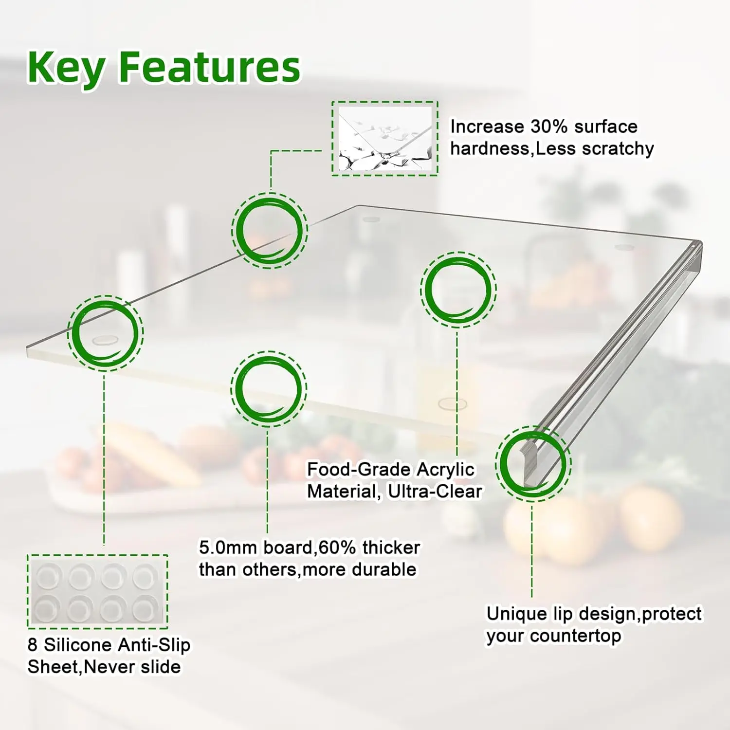 Clear Acrylic Cutting Board 17.5x13.5 Counter Lip Non-Slip 60% Thicker Kitchen Countertop Prep Surface for Bread Meat