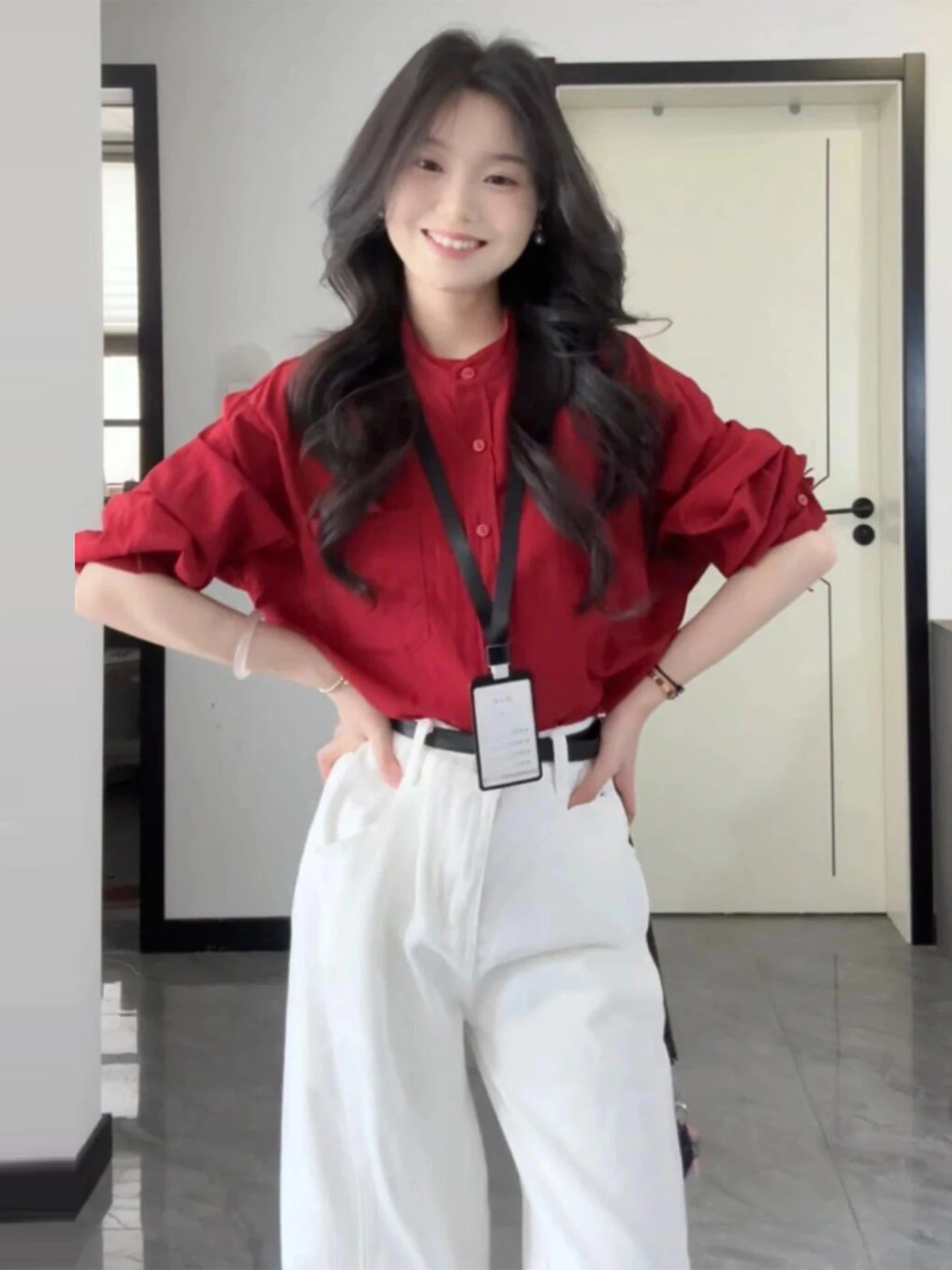 

Винтажное красное длинное платье-рубашка для женщин, осенне-зимнее, повседневное, свободного кроя, красивое, милое, из смесового полиэстера и хлопка