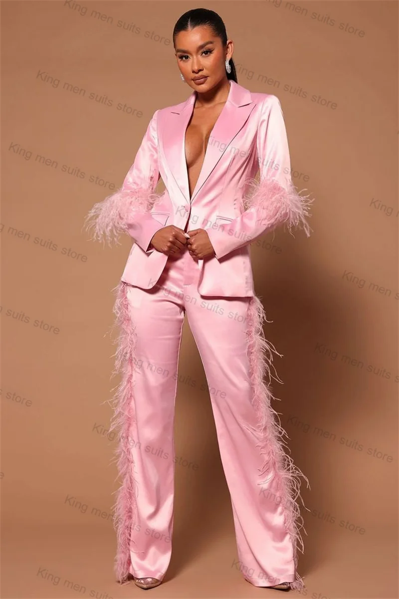 

Pink Satin Women Suit Pants Set 2 Pieces Blazer+Trousers Feather Customized Formal Office Lady Tailored Wedding Jacket Coat