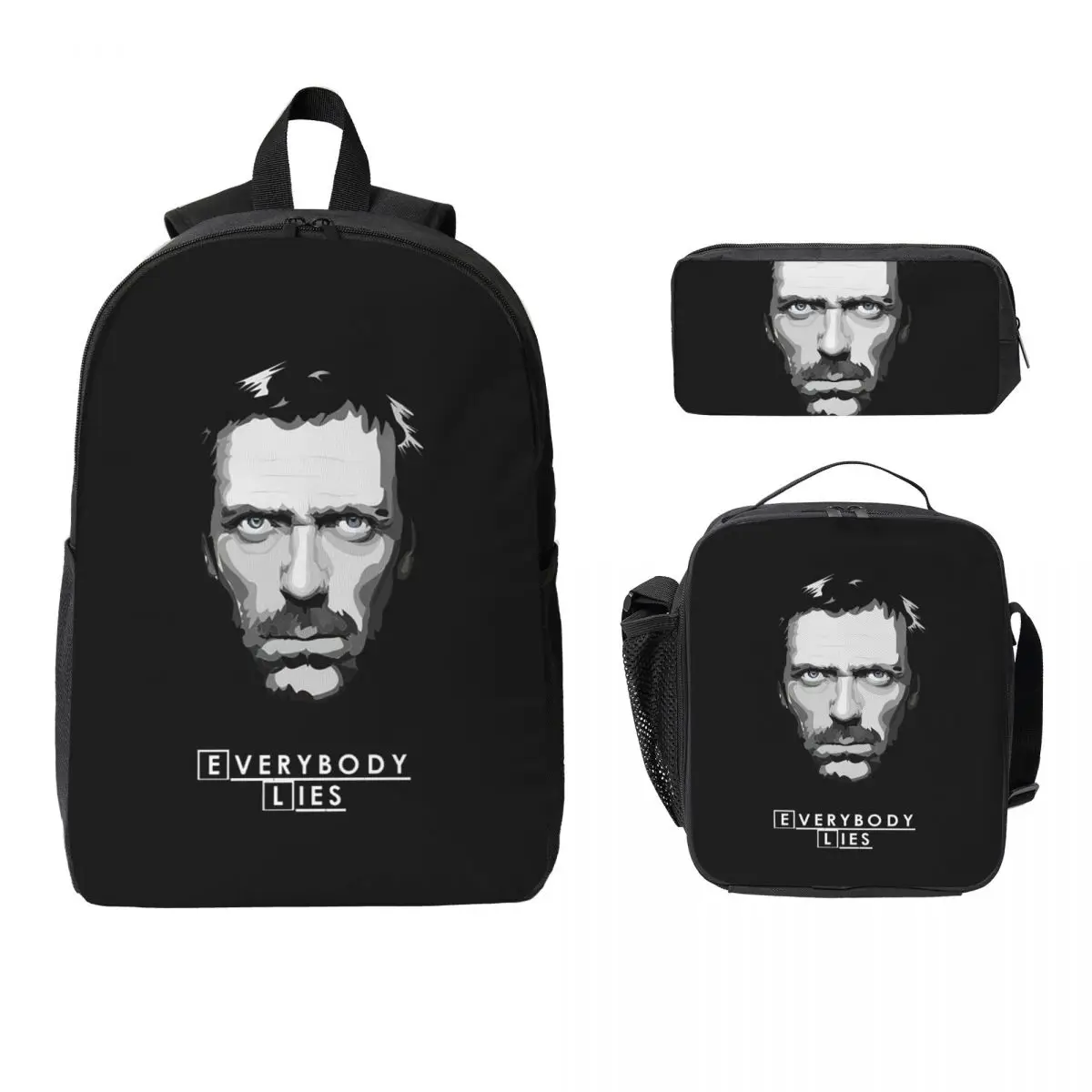 

House MD Everybody Lies Backpack Student Boys Girls BookBag School Bag Laptop Shoulder Bags 3ps Insulated Lunch Bag Pencil Case