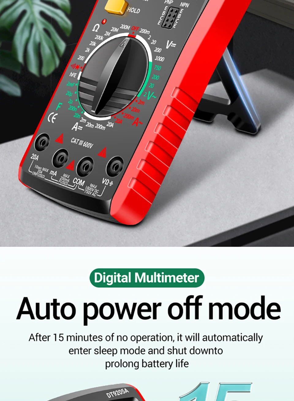 ANENG DT9205A Multifunktionales Digitalmultimeter mit 1999 Zählungen, Summer, Dioden- und Transistortest, Universalmessgerät für Elektriker – Detail 9