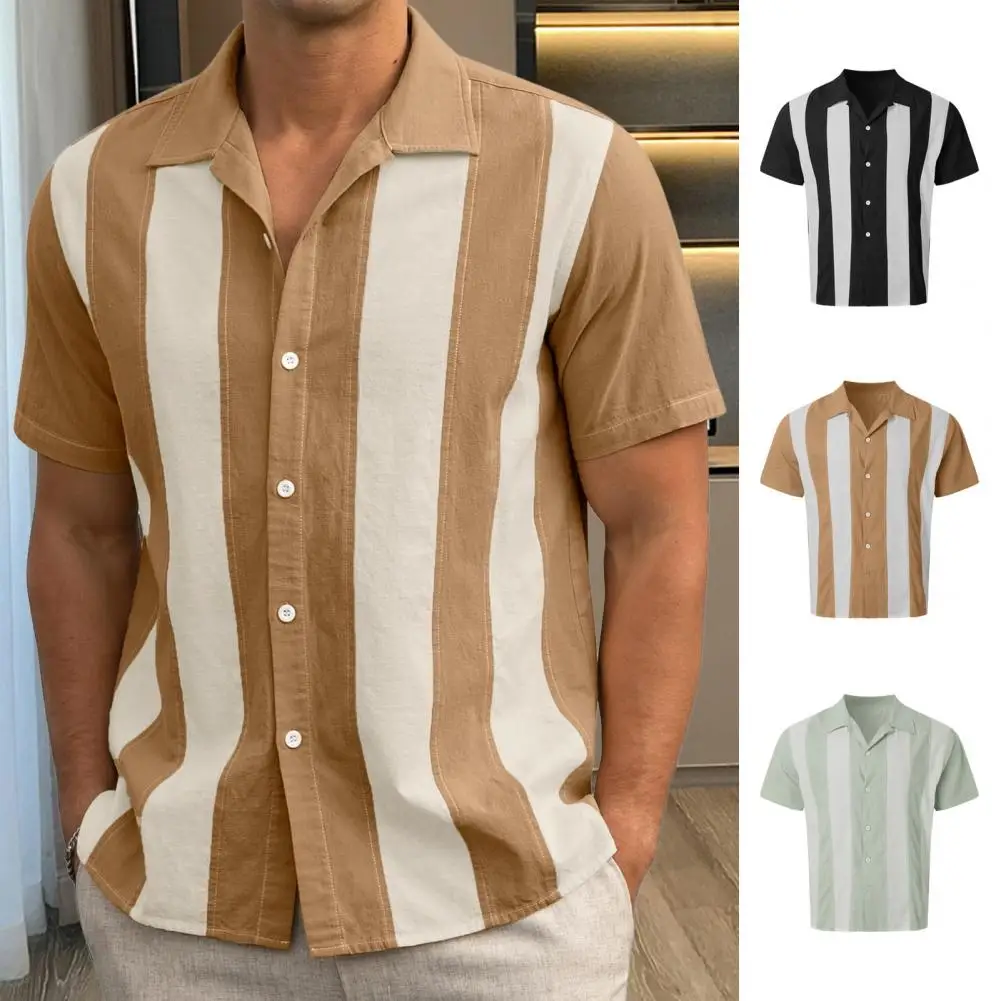 

Рубашка мужская с полосатым принтом, винтажная Стильная сорочка в стиле пэчворк, свободный крой, нагрудный карман, короткий рукав, повседневная одежда