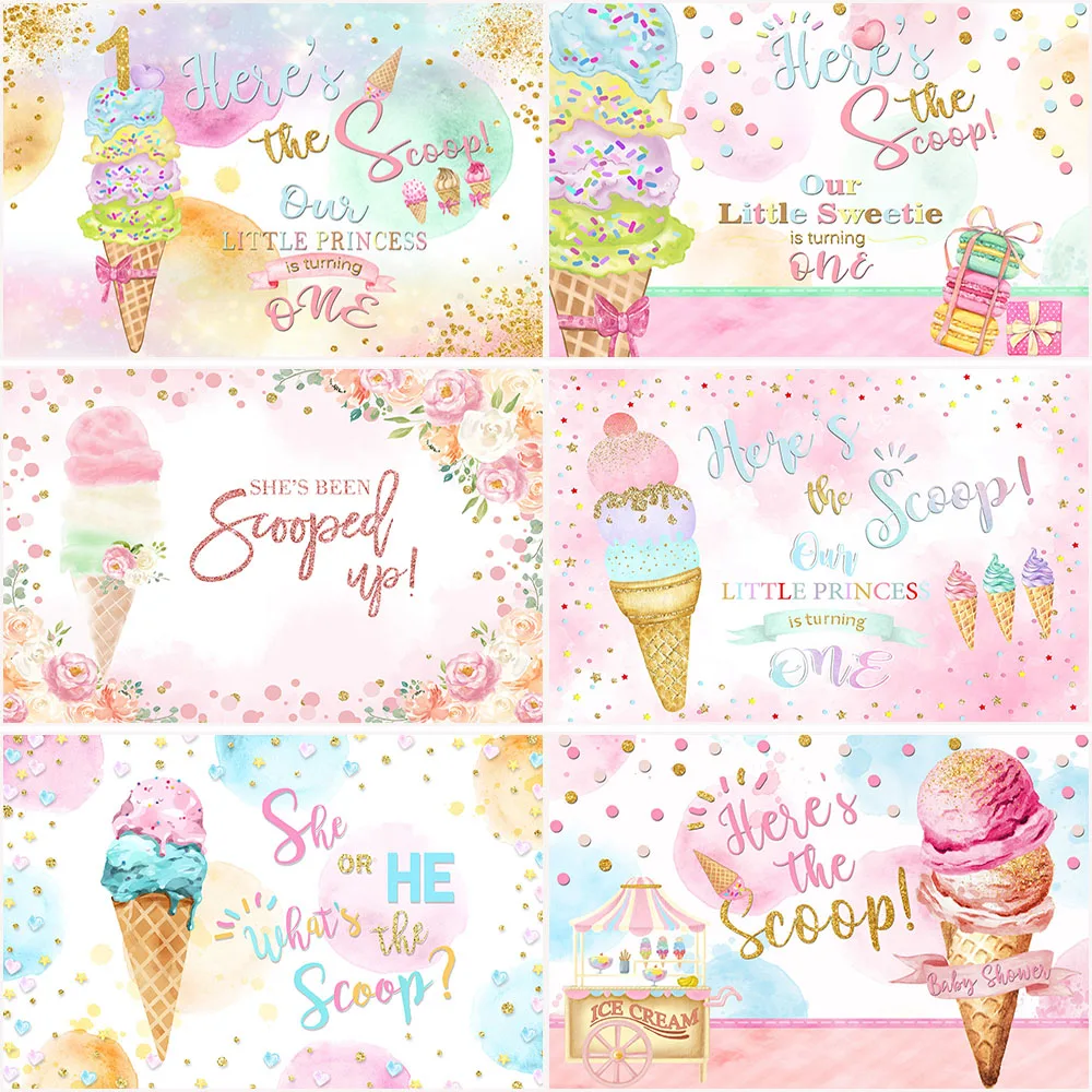 Toile de fond de douche de bébé crème glacée, voici la cuillère, fond de photographie de fête d'anniversaire, décor de table de gâteau, accessoires photo de studio de bannière
