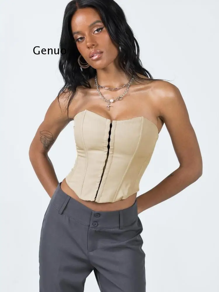 2023 New Summer Corset Sexy Strapless Crop Top Front Button Sleeveless Summer Fashion Club Streetwear Women Clothing