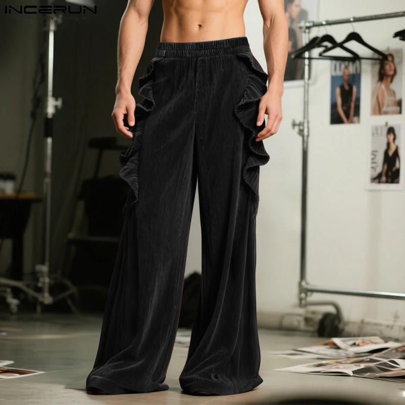 INCERUN 남성 바지 솔리드 컬러 신축성 있는 허리 조거 팬츠 러플 벨루어 바지 남성 스트리트웨어 루즈 2025 패션 캐주얼 롱 팬츠