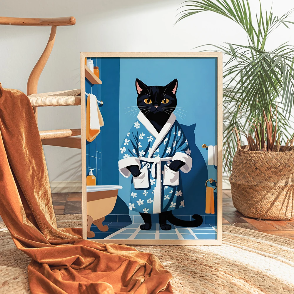 Whimsical Black Cat in Bathrobe Poster Blue Bathroom Wall Art Pictures Feline Print Unique Home Decor for Cat Lovers Painting