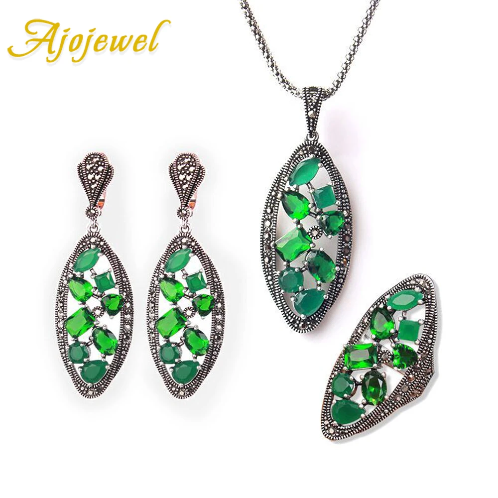 Ajojewel 925 Mark Silver-color Vintage Necklace Ring Earrings Large Jewelry Sets For Women With Green/Red/Colorful Crystals Gift