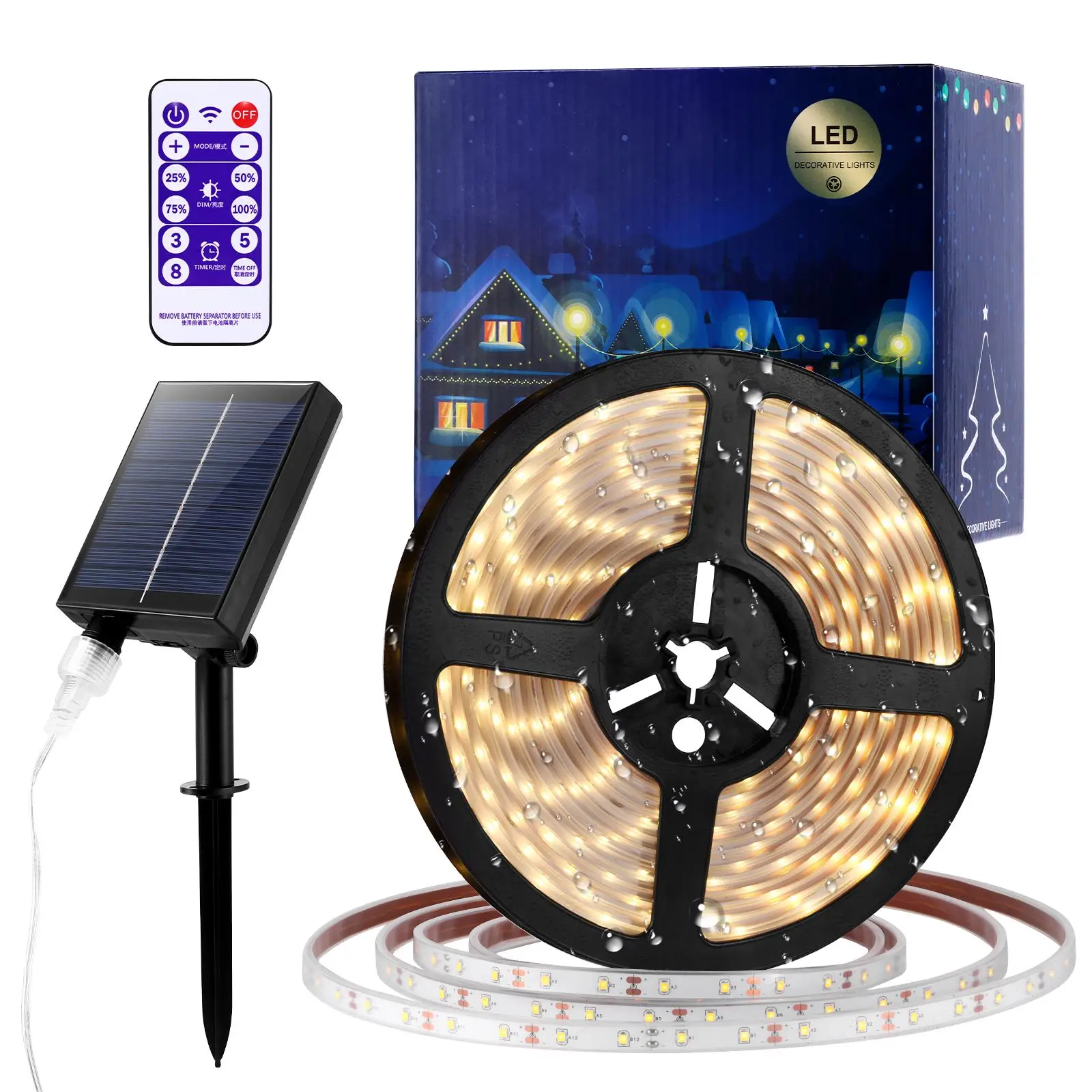 Solar LED Strip Lights 280LED 5m Long Christmas Strip Lights Flexible Cuttable Strong Self-Adhesive Decor Lighting With Remote