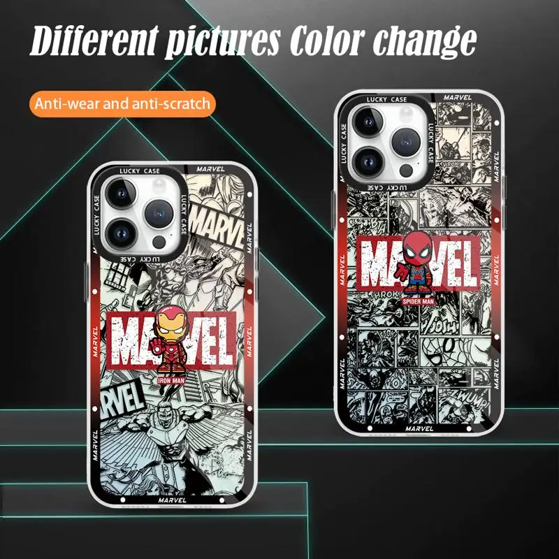 Gradient Color Matte Case for iPhone 15 14 13 12 11 pro Max XS XR X 7 8 Marvel Iron Man Spiderman Comics Iridescent Laser Cover