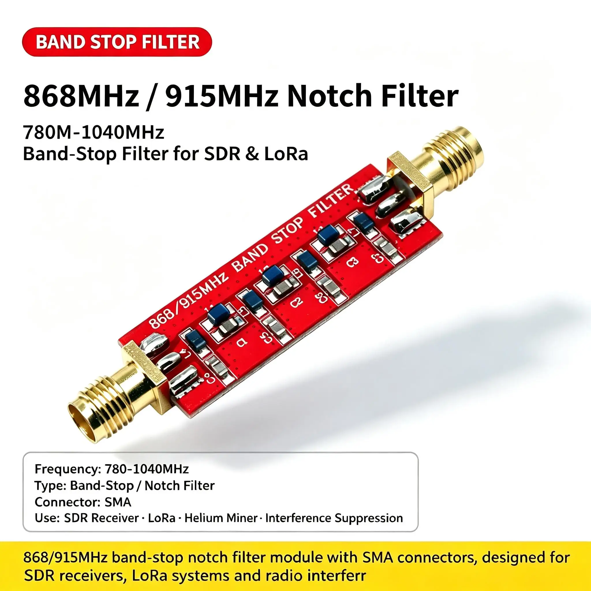 DYKB 780M-1040MHz Notch Filter 868MHz 915MHz Band-Stop SMA SDR Receiver LORA Helium Miner Radio Interference Suppression Module