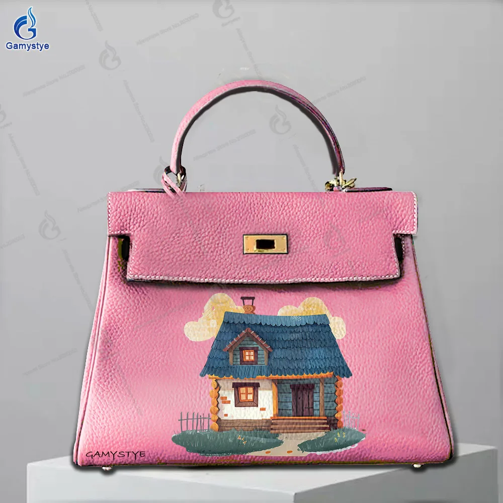 

Printed Customize Art Bags Cartoon house print 100% Cowhide Leather Ladies Hand Bag Female Carteras Para Mujer De Moda Originale