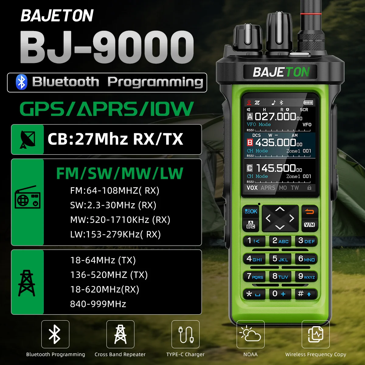 1/2 BAJETON BJ-9000 휴대용 무전기, GPS, APRS, AM/FM/CB, 27MHz 수신기, 10W 블루투스 프로그래밍 기능, Radtel RT-950PRO 아마추어 무선 통신용.