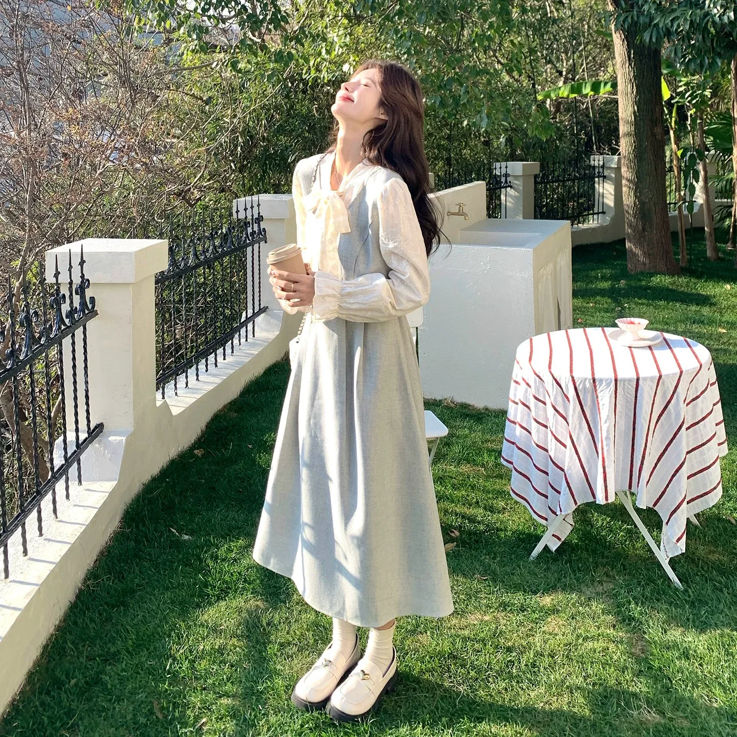 Sweet as Moonlight First Love A-Line Dress Women's Autumn Unique Waist-Cinching Midi Skirt Three-Quarter Sleeve Citywalk Dress