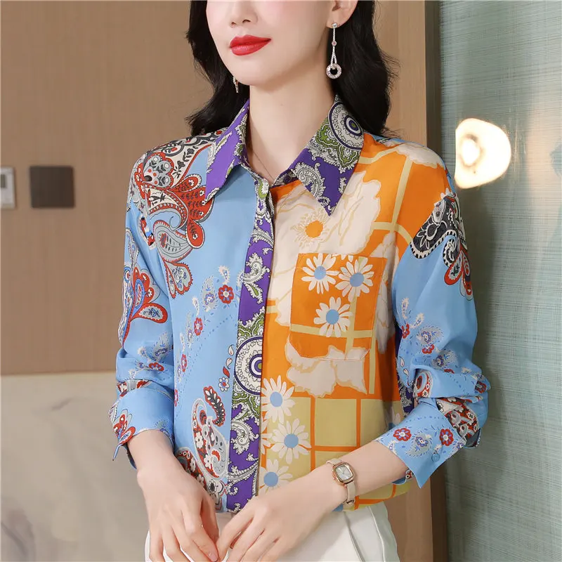 2025 Spring Shirt for Women Printing Long Sleeves Blouse Women Elegant Fashion OL Women Clothing Basic Flower Shirt Ladies Tops