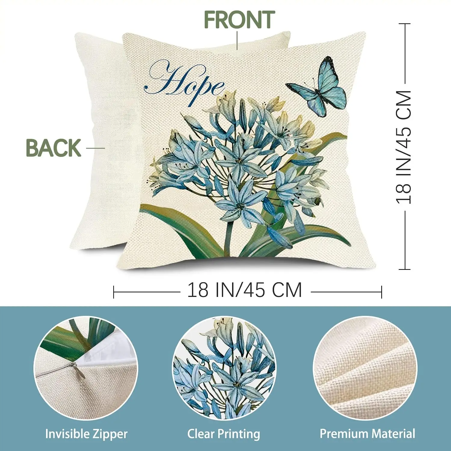 Set of 4 Blue Floral Throw Pillow Covers Inspirational Quote Hope Faith Love Cottage Decor Cushions for Living Room Bedroom
