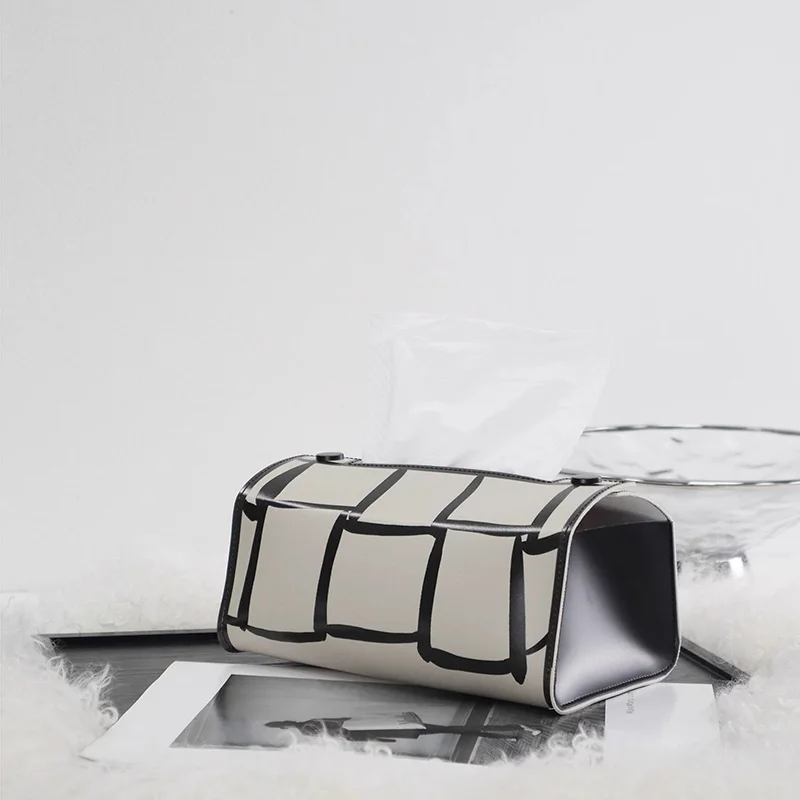 Original Design Saddle Leather English Tissue Box,Checkered Black White Cardboard Box for Face Towel Storage,Bedroom Desktop