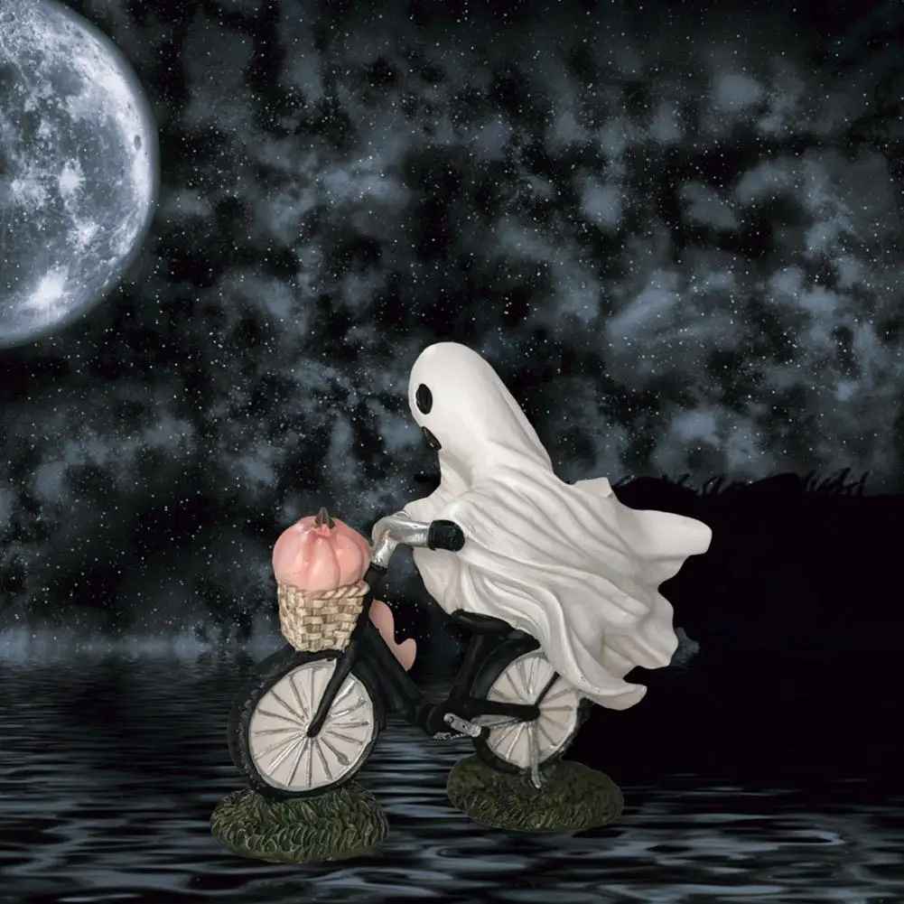 Ghost Bike Rider Met Roze Pompoen Halloween Decor, Schattig Home Ghost Bike Decoratie Beeldje Halloween Op Tafelblad Roze Pum V3i6
