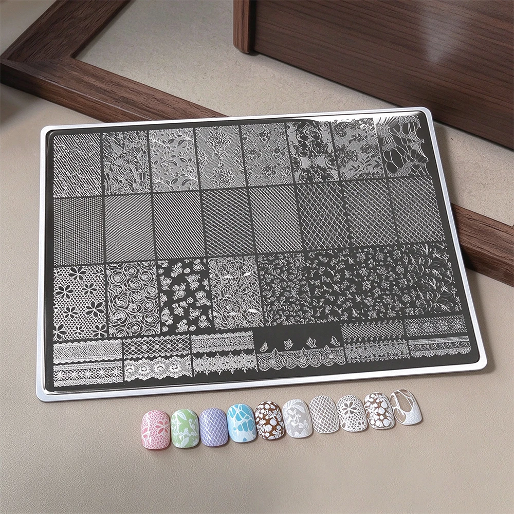 Oversized 19.5*15cm Texture Plus Nail Stamping Plate Lace Floral Mesh Pattern Nail Art Transfer Template Nail Image Plate