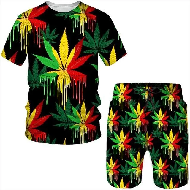 

Summer New Colorful Maple Leaf T-Shirt Set 3D Printed Short Sleeve T-shirt Tracksuit Suit Men Casual Men 2 Piece Suit