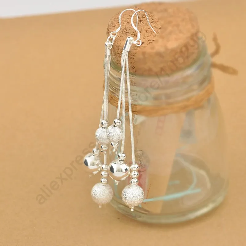 Fast  Elegant 925 Sterling Silver Fashion 3 Layered With Charming Beads Balls Dangle Earrings For Woman