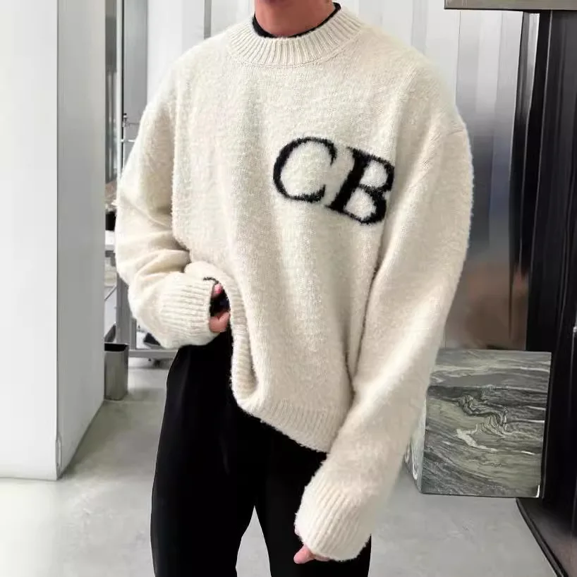Top quality 2025 NEW simple tide letters CB jacquard loose wool pants men and women lazy style round neck sweater knitting set