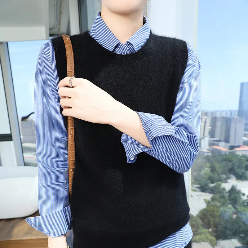 

Модный жилет без рукавов с круглым вырезом из 100% норки и кашемира, свитер для зимы, пуловер, женский трикотаж, базовая мягкая одежда, топы