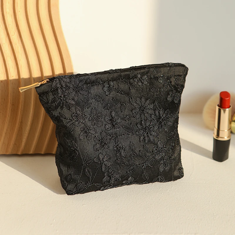 Black embroidery women's makeup bag, portable small makeup change storage bag, travel card case, key case, inner tank bag