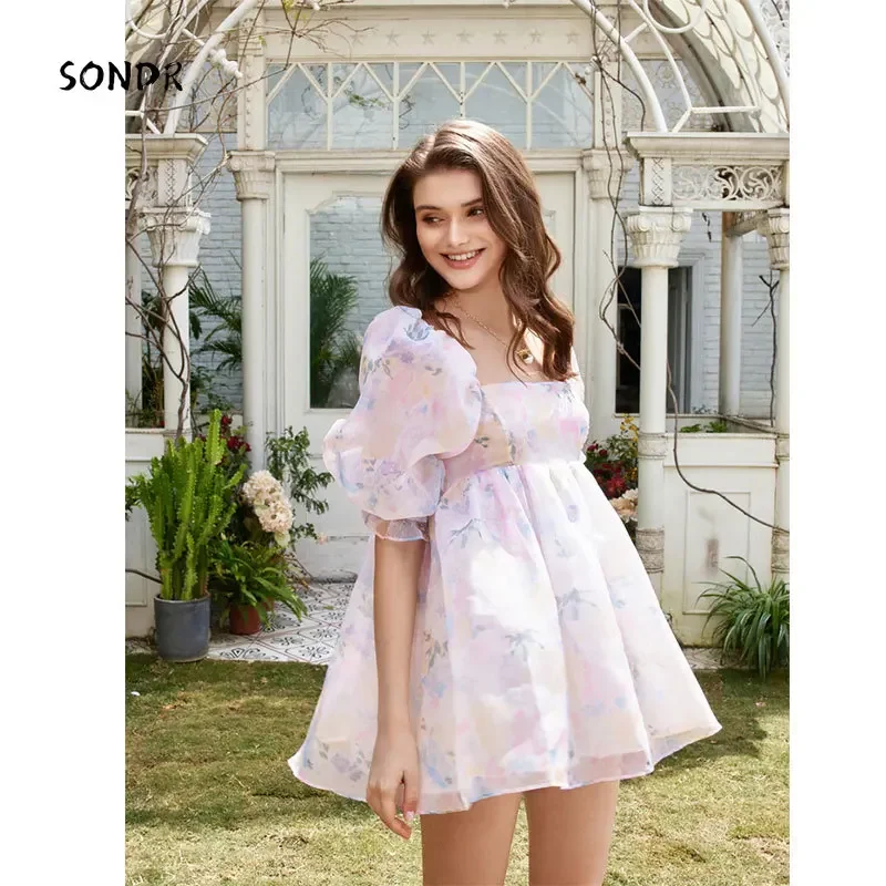 

2022 Spring and Summer Style Puff Skirt Women's Printed Bubble Sleeve Fashion Square Neck Princess Short Sleeve Puff Skirt Dress