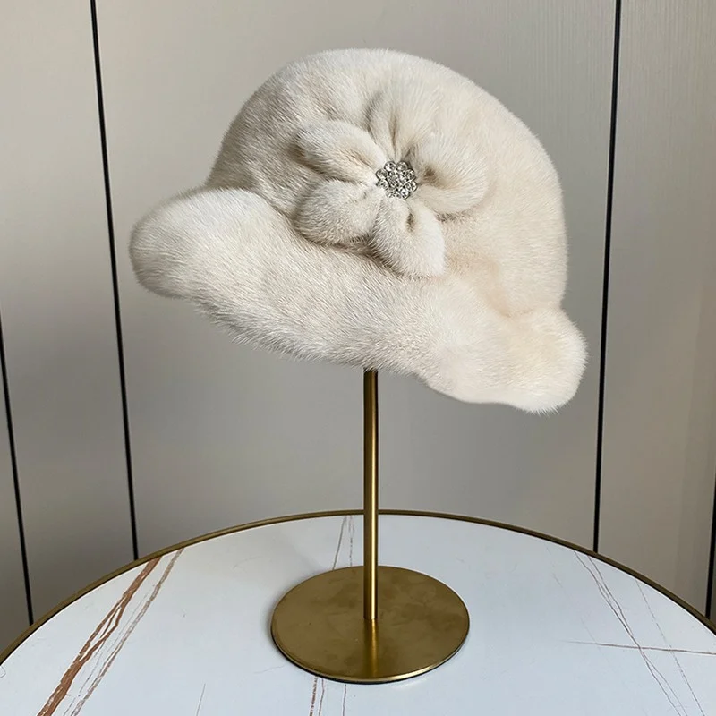 

Women's Luxury Thermal Fur Flower Hat Winter Mink Fur Fashion Top Hat Elegant Peplum Design Trend Fur Basin Hat