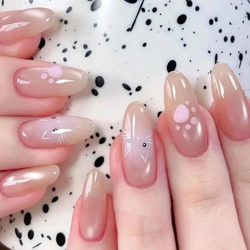 

Cute Pink Cat Paw Print Kitten Nail Art Shiny Nude Cat Eye Wearable Fake Nails Detachable Finished False Nails Press on Nails