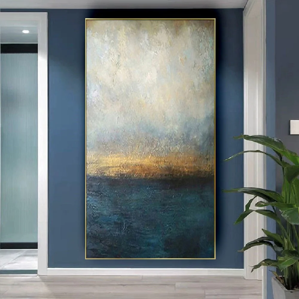 

Nordic Design Canvas Picture Blue Sea View Sunrise Abstract Oil Painting Wall Art Hand-Painted Textured Poster For Live Decor