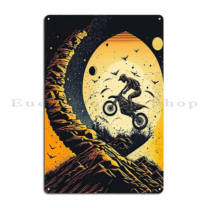 Dirt Bike Stunt W Moon Orange And Black Metal Sign Vintage Mural Funny Customized Cave Tin Sign Poster