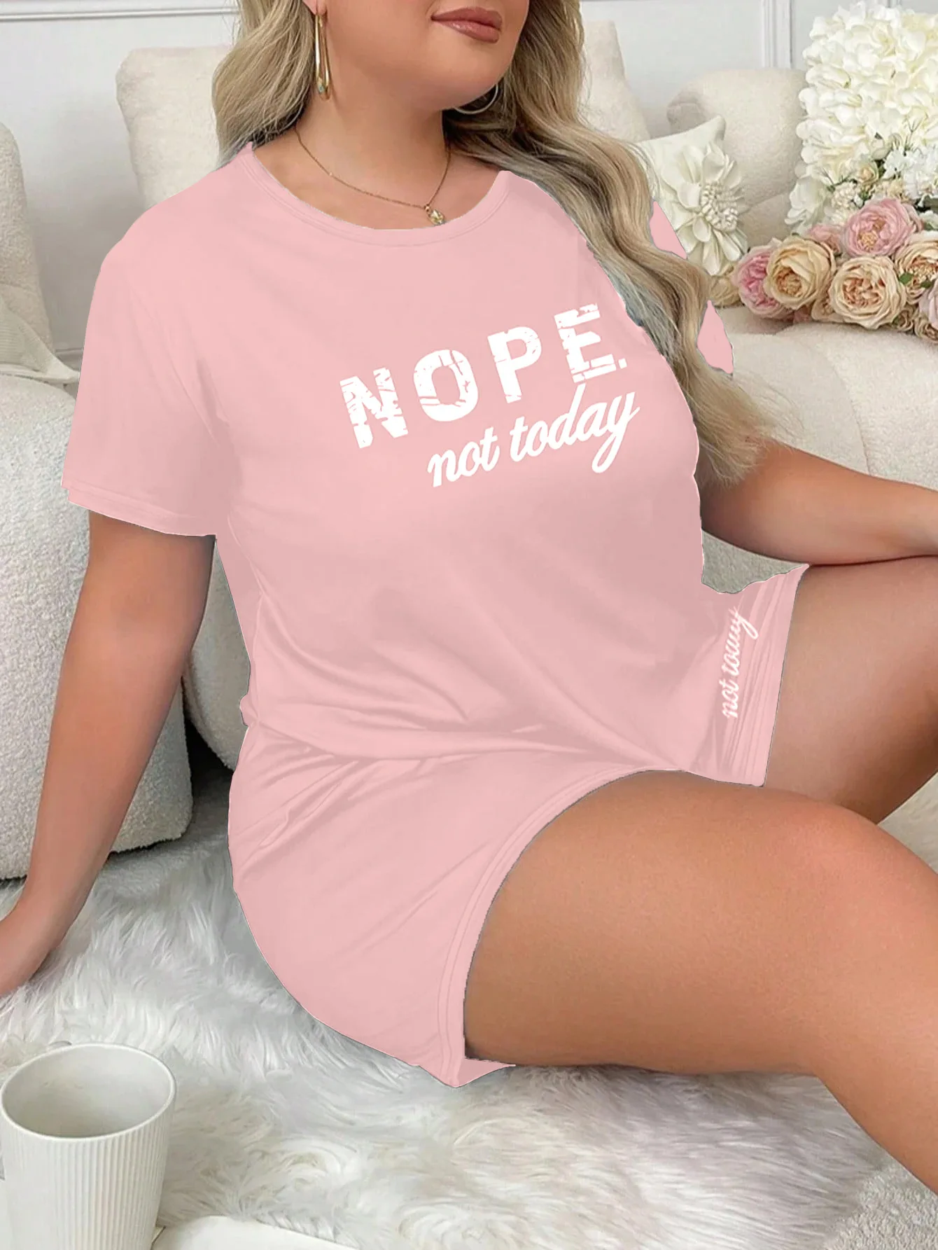 Pyjama-Set mit Buchstaben-Print, kurzärmeliges T-Shirt und elastische Shorts, Übergröße, passend für Damen, Freizeitkleidung, Sportbekleidung, Loungewear, Homewear – Detail 14