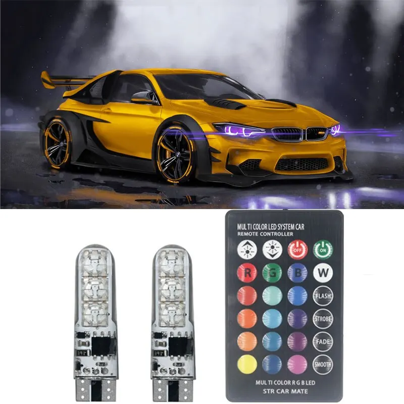 1SET T10 W5w RGB LED Bulb 12SMD 5050 CANbus 194 168 Car With Remote Controller Flash Reading Wedge Light Clearance Lights