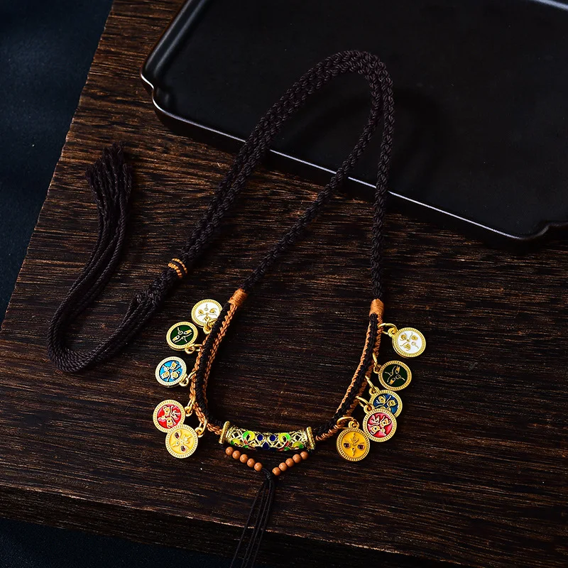 جديد التبتية نمط توالت القطن الرجال والنساء القلائد Tianzhu مرسومة باليد Tangka خمسة مسارات إله الثروة المنسوجة حبل Sw الحظ #1