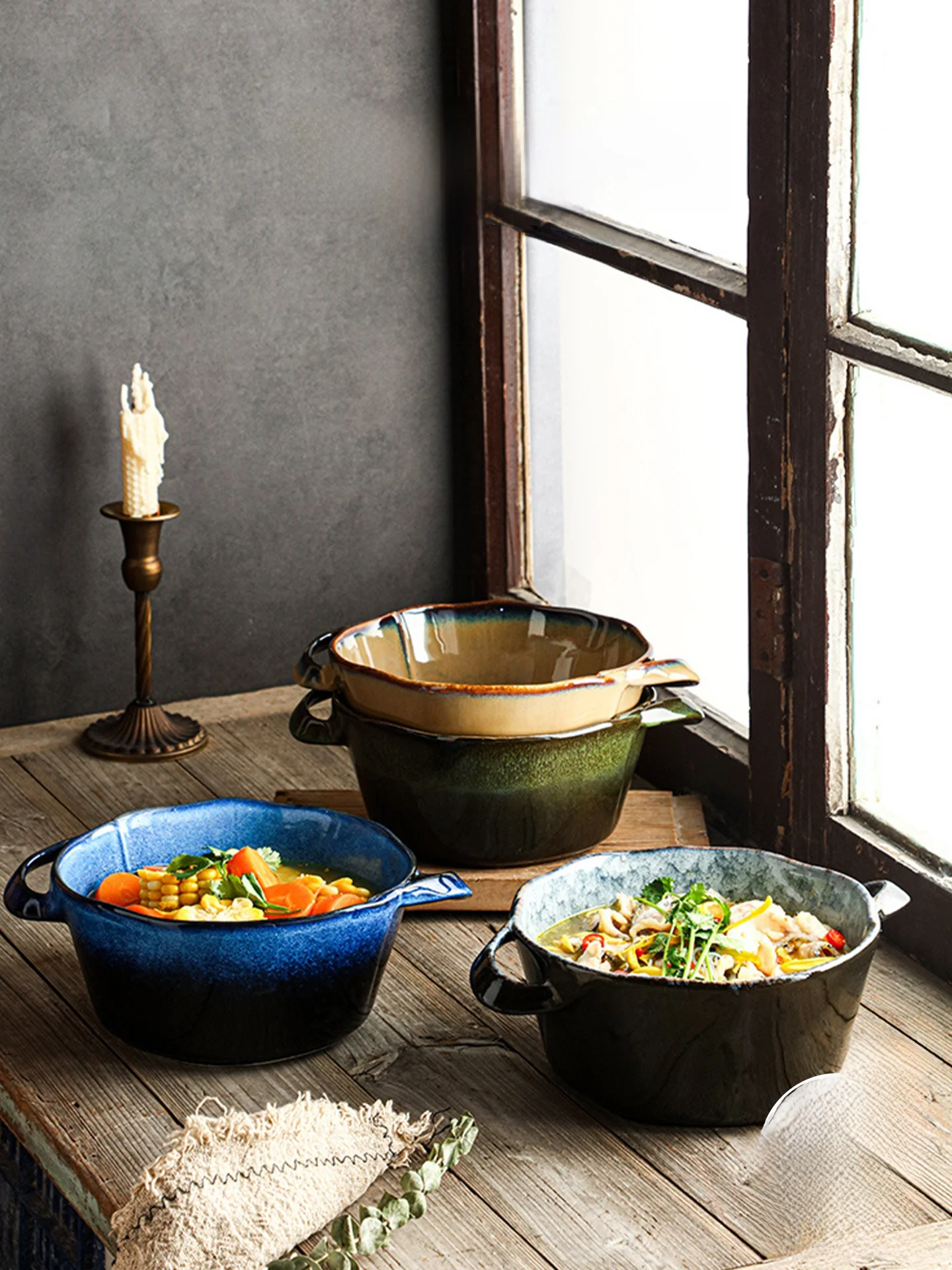 

High-End Cerc Noodle Bowl Large Soup Bowl Double Ear round ape China Origin Pure Color Retro Sle for Everyone