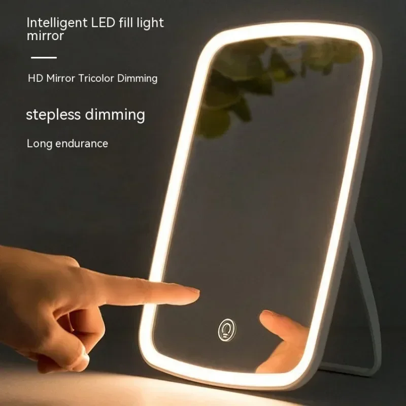 Miroir de maquillage portable avec lumière LED, écran tactile, lumière de vanité 3 couleurs, miroir en spanMirror pliant, outils de beauté à domicile