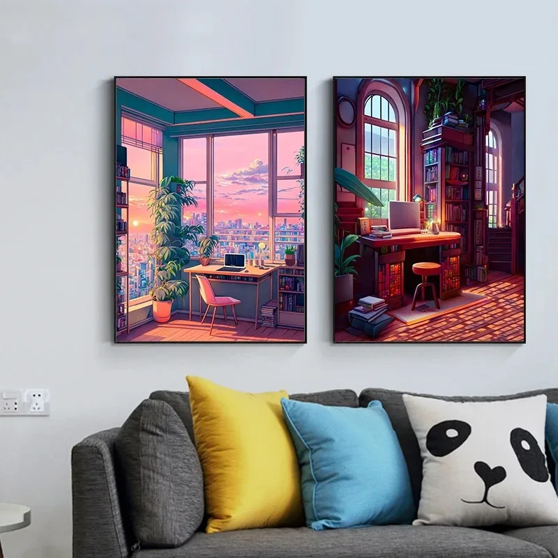 Neon Tall Building Painting Canvas Poster Warm Duplex Wall Art Pictures for Living Room Bedroom Playroom Modern Home Decor Gift